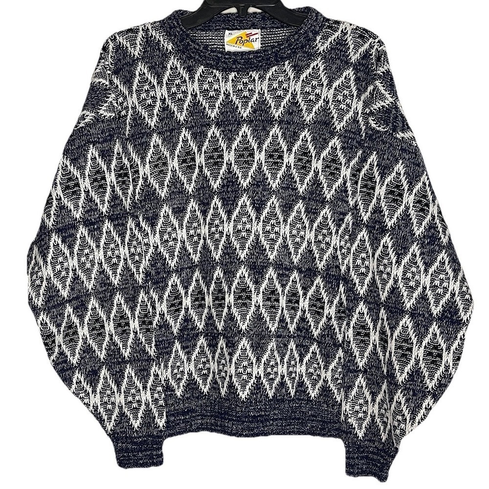 Vintage Poplar Knit Sweater Men XL Navy White Diamond Geometric Pattern 1980-90s